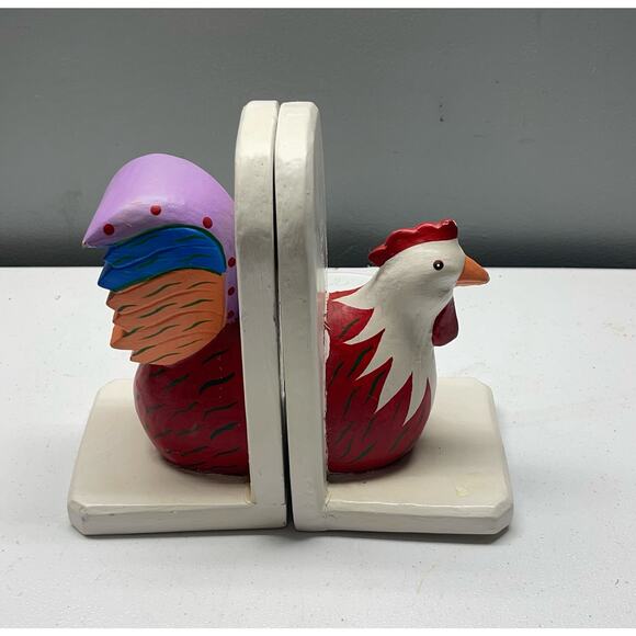 Chicken Bookends, Hand Carved Painted Wood - Bead and Tail - Picture 1 of 8